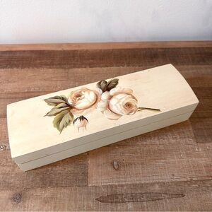 Vintage Hand-Painted Floral Wooden Jewelry Trinket Keepsake Box - Cream Roses